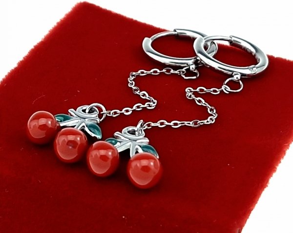 2453c Kolczyki srebrne stal chirurgiczna 316L nierdzewna wiszące wiśnie