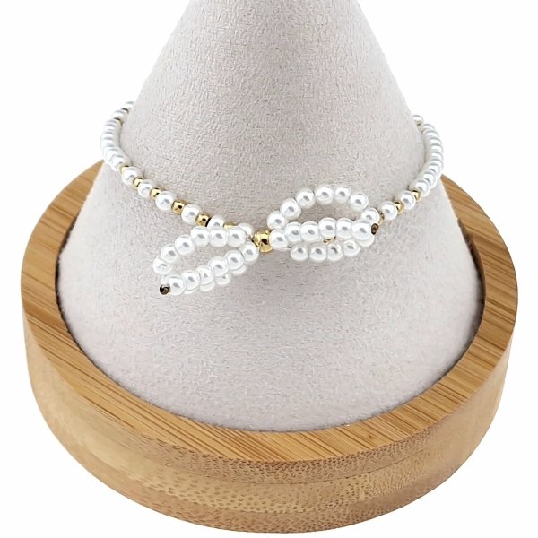 3471 Bransoletka złota 18+3 stal chirurgiczna 316L nierdzewna perły kokardka