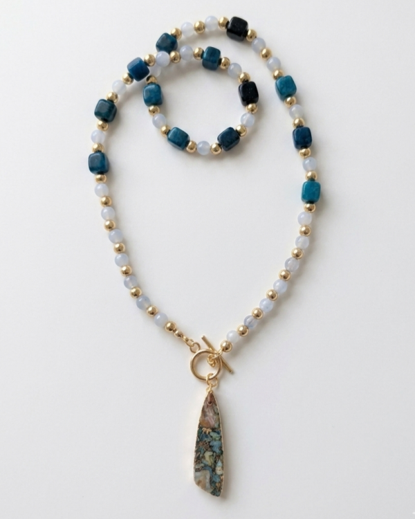 544L Naszyjnik dolomit, jadeit kamień naturalny 50cm stal chirurgiczna nierdzewna kryształki