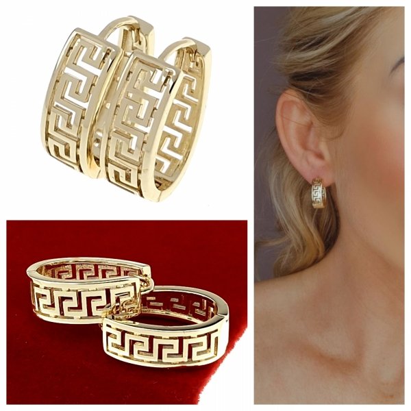 3346a Kolczyki złote pozłacane wiszące 14K  Viki Lady wzór grecki