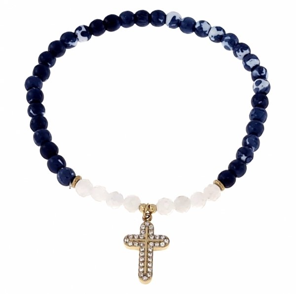 1162g Bransoletka złota stal chirurgiczna na gumce jubilerskiej Blueberry jadeit kamień krzyżyk