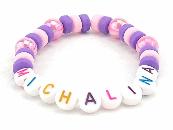 1736A Bransoletka dziecięca Michalina imię z akrylowych i polimerowych koralików