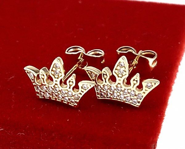 792d Kolczyki złote pozłacane wtyczki 14K cyrkonie korona