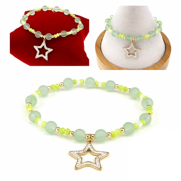 1936f Bransoletka jadeit zielony kamień na gumce jubilerskiej gwiazda