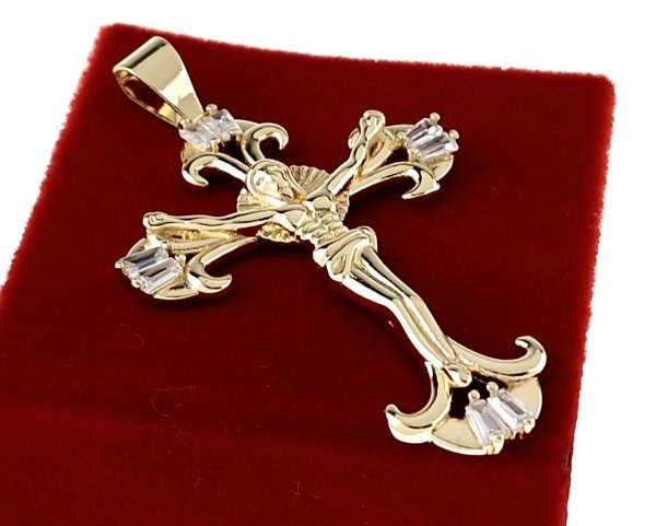 863 Złota zawieszka cyrkonie błyszcząca pozłacana 14k krzyż