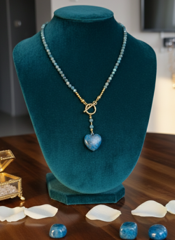 598L Naszyjnik apatyt kamień naturalny 45cm stal chirurgiczna nierdzewna