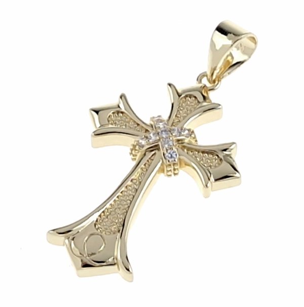 4402h Złota zawieszka błyszcząca pozłacana 14k cyrkonie krzyż