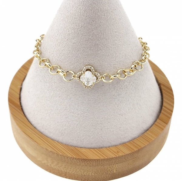 841 Bransoletka elegancka złota 17+3cm pozłacana 14k cyrkonie koniczyna marokańska