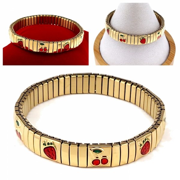 1222b Bransoletka elegancka stal chirurgiczna 316L modułowa rozciągliwa wiśnie truskawki