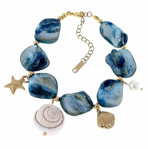 2668 Bransoletka złota 20+5 stal chirurgiczna 316L nierdzewna rozgwiazda lato plaża wakacje muszla perła