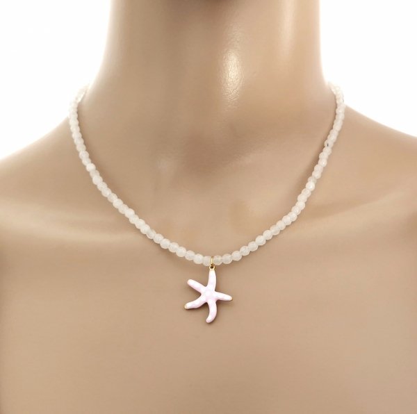 689 Złoty łańcuszek kryształ górski kamień naturalny 40+5 stal chirurgiczna nierdzewna naszyjnik rozgwiazda lato plaża wakacje