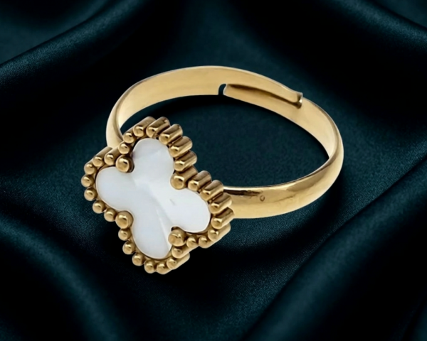 4209 Komplet kolczyki, naszyjnik 40+5cm, pierścionek złoty stal chirurgiczna koniczyna marokańska