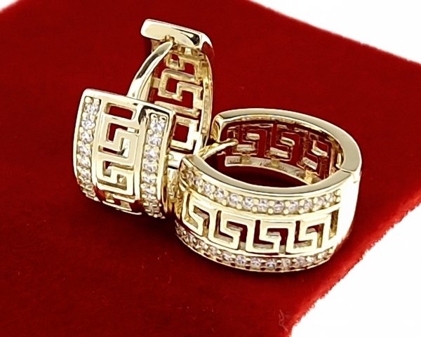 280a Kolczyki złote pozłacane wiszące 14K cyrkonie Viki Lady wzór grecki angielskie zapięcie