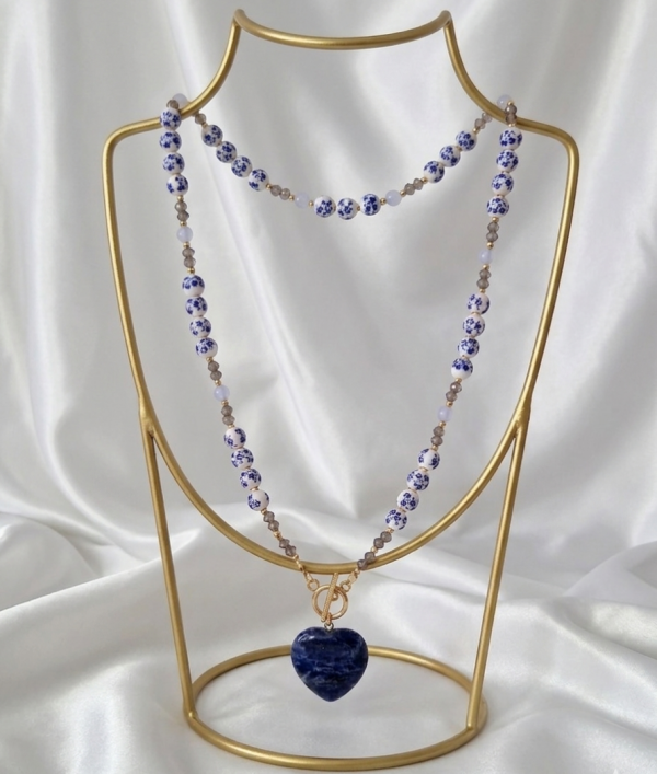 1637g Naszyjnik koraliki ceramiczne, 53cm stal chirurgiczna nierdzewna kryształki