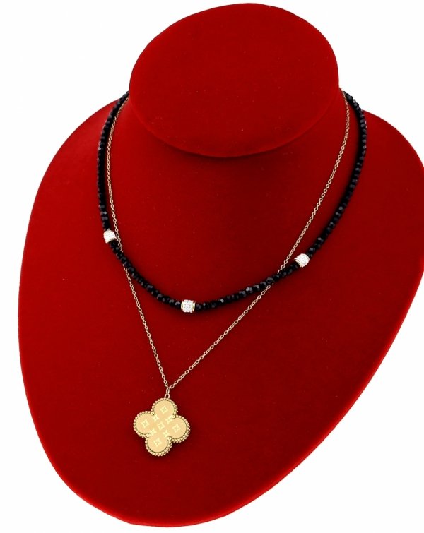 292 Złoty łańcuszek różaniec 40+5 naszyjnik stal chirurgiczna marokańska koniczyna kryształki 