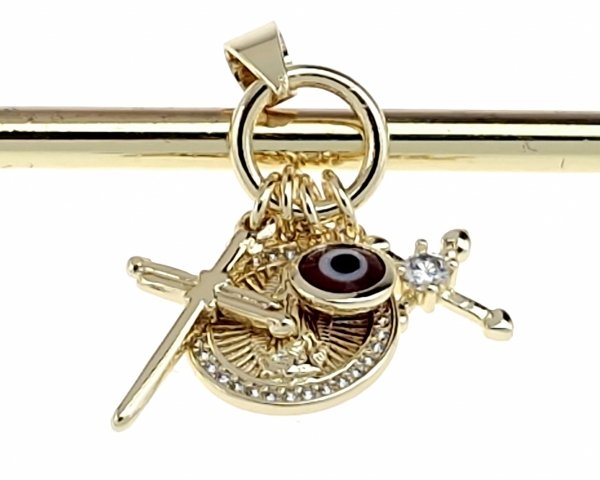 1879c Złota zawieszka błyszcząca pozłacana 14k serce krzyż oko proroka