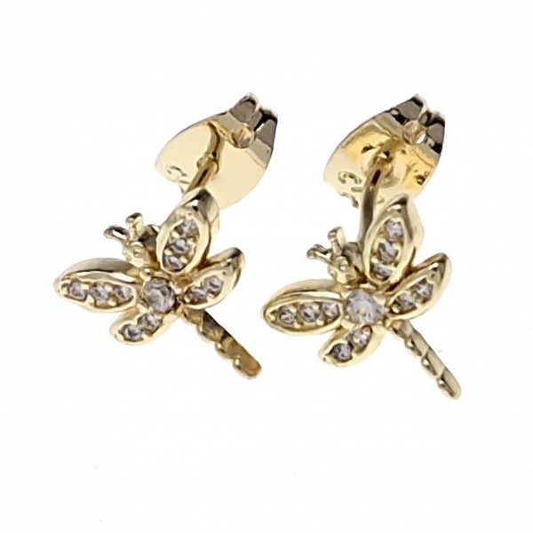 3626 Kolczyki złote pozłacane wtyczki 14K cyrkonie ważka