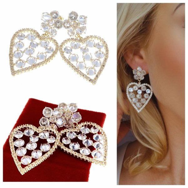 4939 Kolczyki złote pozłacane wiszące 14K cyrkonie Viki Lady serce 