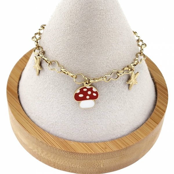 @3696 Bransoletka złota 17+3 stal chirurgiczna 316L nierdzewna grzybek gwiazdka