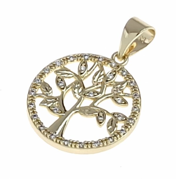 1266a Złota zawieszka błyszcząca pozłacana 14k cyrkonie drzewko szczęścia