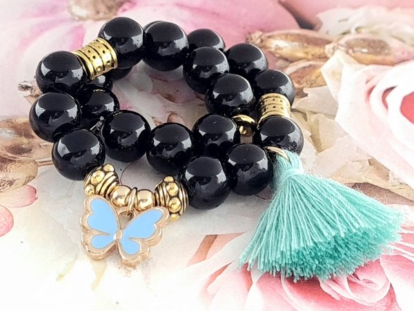 3490 Bransoletka celebrytka szklane koraliki motyl