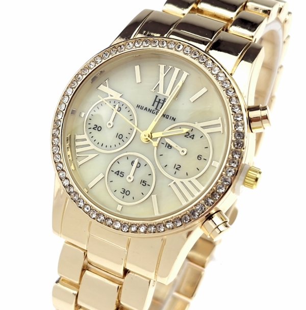 2632 Ekskluzywny damski złoty zegarek błyszczący klasyk cyrkonie