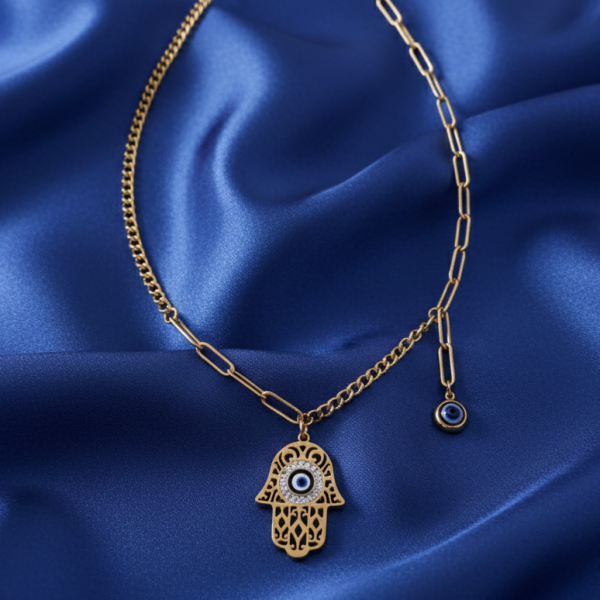 1847j Złoty łańcuszek 40+5cm naszyjnik stal chirurgiczna nierdzewna 316L ręka Fatimy