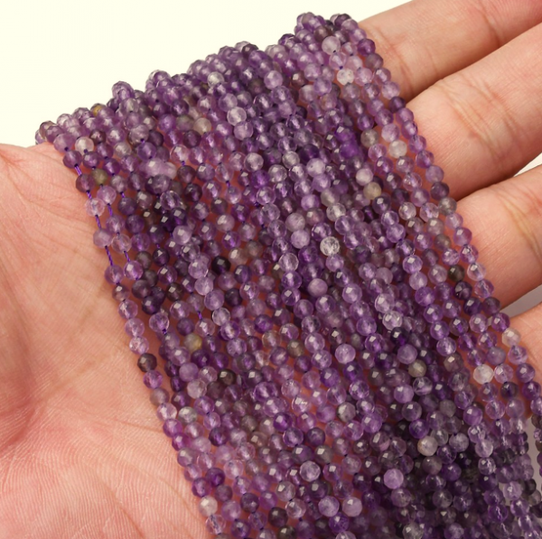4487 ametyst fasetowany naturalnych koralików ametystowych, okrągłe, 3 mm, otwór: 0,5 mm, ok. 90 szt./sznur, 13,78~14,57'' (35~37 cm)