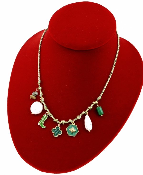 917 Złoty 43+5 naszyjnik sznurek stal chirurgiczna 316L serce nefryt kamień kozaczek perły 