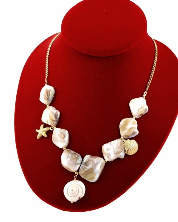 br46 Złoty łańcuszek naszyjnik 48+5 stal chirurgiczna 316L muszla rozgwiazda lato wakacje plaża