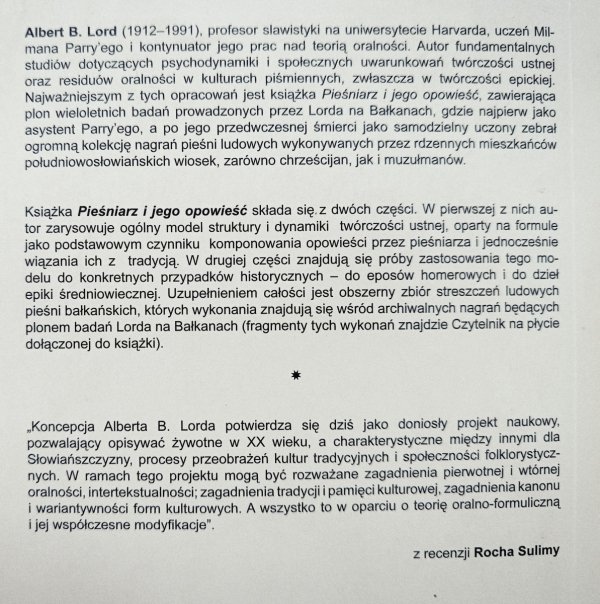 Albert Bates Lord Pieśniarz i jego opowieść