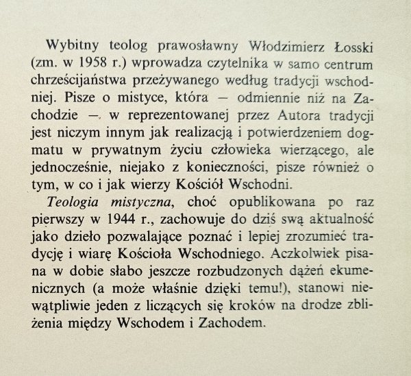 Włodzimierz Łosski Teologia mistyczna Kościoła Wschodniego