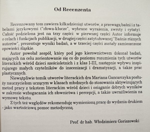 Marian Gancarczyk Baśnie dla dzieci i opowieści śląskie. Próby interpretacji