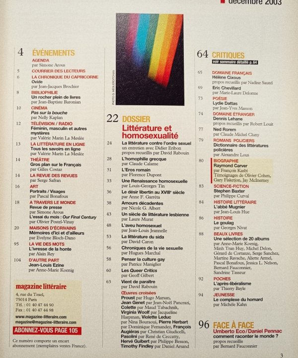 Magazine Litteraire. Litterature et homosexualite nr 426
