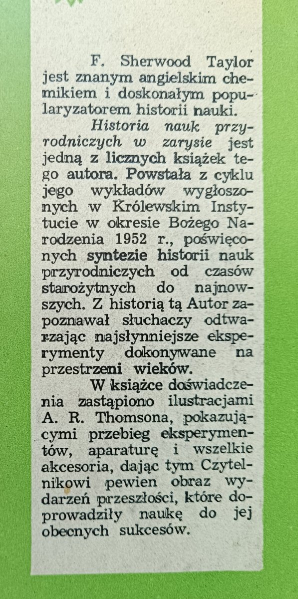F. Sherwood Taylor Historia nauk przyrodniczych w zarysie