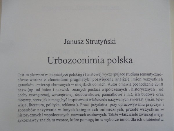 Janusz Strutyński Urbozoonimia polska [dedykacja autorska]