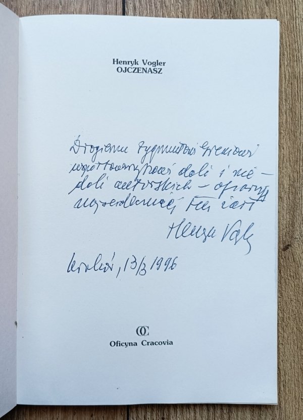 Henryk Vogler Ojczenasz. Niby powieść [dedykacja Henryka Voglera]