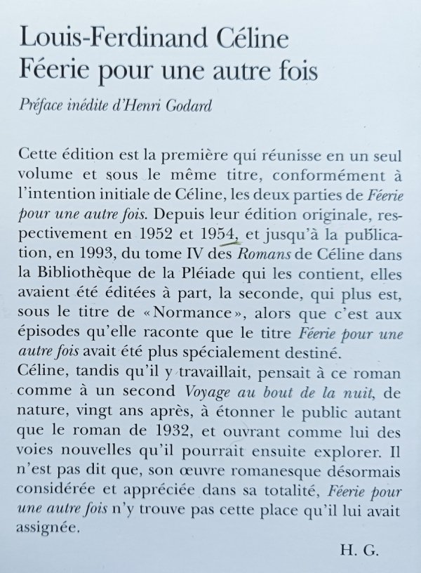 Louis Ferdinand Celine Feerie pour une autre fois