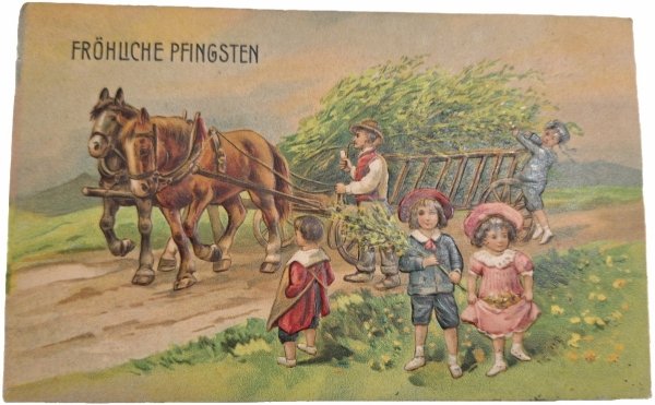 KP004  FROHLICHE PFINGSTEN - WESOŁYCH ŚWIĄT (wytłoczona pocztówka 1914)