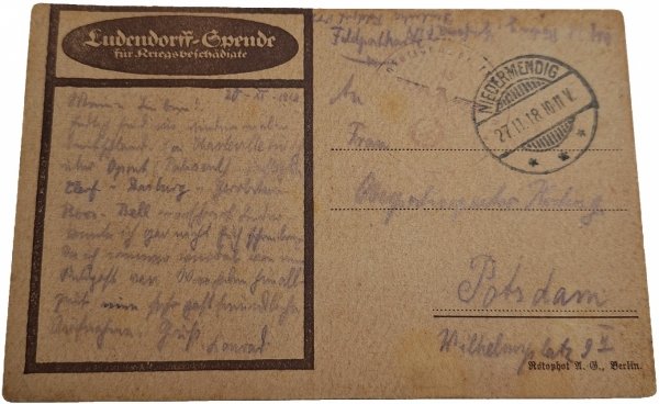 KP002  	Generalfeldmarschall Hindenburg Ludendorff-Spende Spendenkarte (pocztówka 1918)