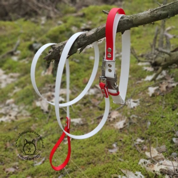 BIAŁO-CZERWONY ZESTAW KIBICA: Obroża z klamrą zatrzaskową AluMax 25 mm, XL (45-60cm) + smycz dł. 1,5 m BIOTHANE® 19 mm
