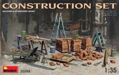 MiniArt 35594 Construction Set Kit: Ladders, Table, Buckets, Bricks, Cart, Anvil, Beams, Jack Stand & Tools 1/35