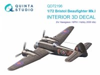 Quinta Studio QD72196 Bristol Beaufighter Mk.I 3D-Printed coloured Interior on decal paper (Hasegawa/MPM/Hobby2000) 1/72