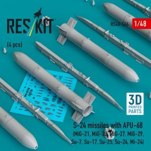 RESKIT RS48-0566 S-24 missiles with APU-68 (4 pcs) (MiG-21, MiG-23, MiG-27, MiG-29, Su-7, Su-17, Su-25, Su-24, Mi-24) (3D Printed) (1/48)