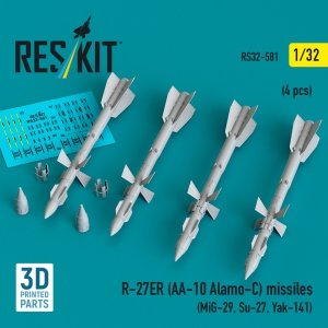 RESKIT RS32-0581 R-27ER (AA-10 Alamo-C) missiles (4 pcs) (MiG-29, Su-27, Yak-141) (3D Printed) (1/32)