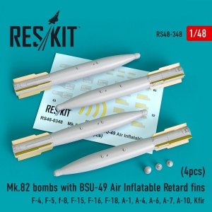 RESKIT RS48-0348 MK.82 BOMBS WITH BSU-49 AIR INFLATABLE RETARD FINS (4PCS) 1/48
