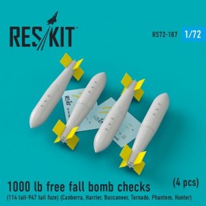 RESKIT RS72-0187 1000 LB FREE FALL BOMB CHECKS (114 TAIL-947 TAIL FUZE) (4 PCS) 1/72