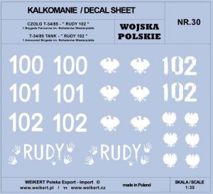 Weikert Decals DEC230 WOJSKO POLSKIE - CZOŁG T-34/85, RUDY 102 / 1 brygada pancerna 1/35