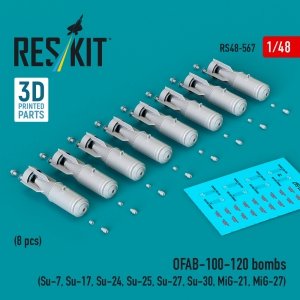 RESKIT RS48-0567 OFAB-100-120 bombs (8 pcs) (Su-7, Su-17, Su-24, Su-25, Su-27, Su-30, MiG-21, MiG-27) (3D Printed) (1/48)