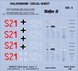 Weikert Decals DEC205 TIGER I - czołg S21 - 101 batalion czołgów ciężkich SS, Rosja, październik 1943 - vol.5 1/35